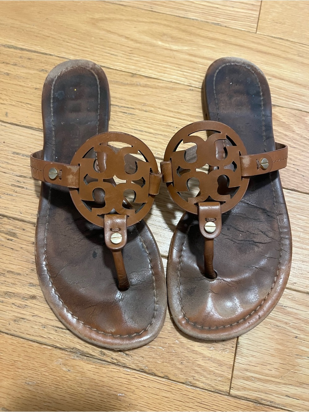 Tory Burch Brown Leather Logo Thong Sandals
